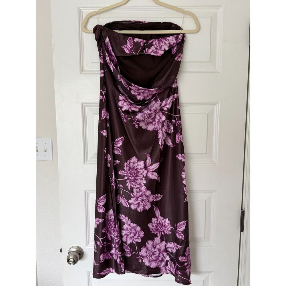 Showpo Strauss Satin Midi Dress Chocolate Brown Purple Floral US 4 New